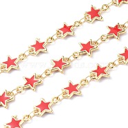 Handmade Alloy Enamel Star Link Chains, with Spool, Soldered, Long-Lasting Plated, Lead Free & Cadmium Free, Golden, Red, 11x8x1.6mm, about 16.4 Feet(5m)/roll(ENAM-F138-01A-RS)