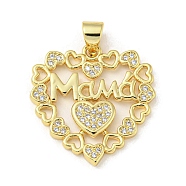 Mother's Day Theme Rack Plating Brass Micro Pave Cubic Zirconia Pendants, Long-Lasting Plated, Lead Free & Cadmium Free, Heart, 22x21x2mm, Hole: 5x3mm(KK-F869-20G-03)