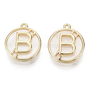 Brass Cat Eye Charms, Nickel Free, Flat Round with Letter B, Creamy White, Real 18K Gold Plated, 13x11x2.5mm, Hole: 0.9mm(KK-T056-69G-NF)