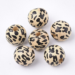 Printed Natural Wood Beads, Dyed, Round with Leopard Print Pattern, Black, 12.5x14x13mm, Hole: 3mm(X-WOOD-S053-39)