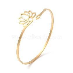 304 Stainless Steel Cuff Bangle, Hollow Lotus Flower, Golden, Inner Diameter: 2-1/4 inch(5.8cm)(BJEW-K234-01G)