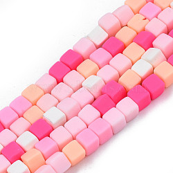Handmade Polymer Clay Beads Strands, Cube, Hot Pink, 4x4x4mm, Hole: 1.4mm, about 89~91pcs/strand, 15.55 inch~15.94 inch(39.5~40.5cm)(X-CLAY-N008-061-09)