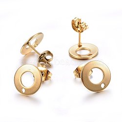 Ion Plating(IP) 304 Stainless Steel Stud Earring Findings, with Loop & Earring Backs, Flat Round, Golden, 10x1mm, Hole: 1.5mm, Pin: 0.8mm(STAS-H472-01G)