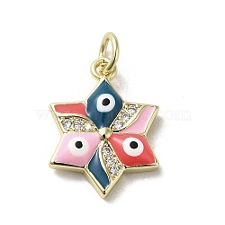 Brass Micro Pave Cubic Zirconia Pendants, with Enamel, with Jump Ring, Real 18K Gold Plated, Star with Evil Eye, Pink, 17.5x13x3.4mm, Hole: 3.2mm(KK-E092-17G-05)
