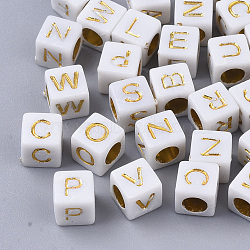 Plated Acrylic Beads, Horizontal Hole, Cube with Random Initial Letter, Gold, 6x6x6mm, Hole: 3.5mm, about 327pcs/50g(X-MACR-S299-052B)