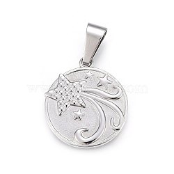 304 Stainless Steel Pendants, Flat Round with Star, Stainless Steel Color, 28.5x25x2.5mm, Hole: 10x5mm(STAS-P211-18P)