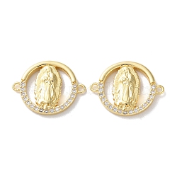 Rack Plating Brass Cubic Zirconia Virgin Mary Connector Charm, Long-Lasting Plated, Lead Free & Cadmium Free, Flat Round Links, Real 18K Gold Plated, 18x23x3mm, Hole: 1.6mm(KK-C084-01D-G)