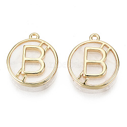 (Holiday Stock-Up Sale)Brass Cat Eye Charms, Nickel Free, Flat Round with Letter B, Creamy White, Real 18K Gold Plated, 13x11x2.5mm, Hole: 0.9mm(KK-T056-69G-NF)