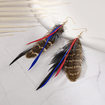 Bohemian Style Feather Dangle Earrings, Golden, Coffee, 122mm