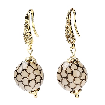 Round Porcelain Dangle Earrings, Brass Micro Pave Clear Cubic Zirconia Earrings for Women, Golden, 42~43x14~15mm