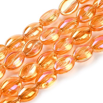 Electroplate Glass Beads Strands, Rainbow Plated, Coffee Bean, Orange, 10.5~11x8x5mm, Hole: 1mm, about 60pcs/strand, 25.20''(64cm)
