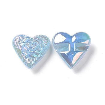 Rainbow Iridescent Plating Acrylic Beads, Glitter Beads, Heart with Flower Pattern, Light Sky Blue, 32x32x13.5mm, Hole: 3mm