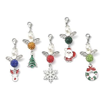 Christmas Theme Angel Alloy Enamel Pendant Decoration, with Polymer Clay Rhinestone Beads and 304 Stainless Steel Lobster Claw Clasps, Santa Claus/Deer/Tree/Snowflake, Mixed Color, 59.5~67mm, 5pcs/set