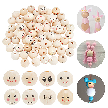 80Pcs 8 Styles Printed Wood European Beads, Large Hole Beads, Round with Smiling Face Pattern, Mixed Color, 23.5~25x22~23.5mm, Hole: 4.2~5.5mm, 10pcs/style