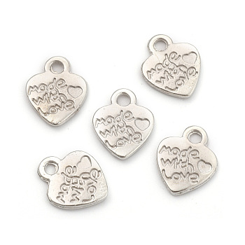 Ideas for Valentines Day Gifts Tibetan Style Alloy Pendants, Cadmium Free & Lead Free, Heart with Made with Love, Platinum, 12.2x10x1.8mm, Hole: 2mm