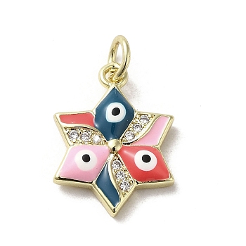 Brass Micro Pave Cubic Zirconia Pendants, with Enamel, with Jump Ring, Real 18K Gold Plated, Star with Evil Eye, Pink, 17.5x13x3.4mm, Hole: 3.2mm