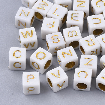 Plated Acrylic Beads, Horizontal Hole, Cube with Random Initial Letter, Gold, 6x6x6mm, Hole: 3.5mm, about 327pcs/50g