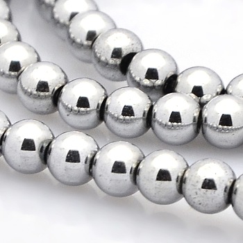 Round Non-magnetic Synthetic Hematite Beads Strands, Platinum Plated, 6mm, Hole: 1mm, about 72pcs/strand