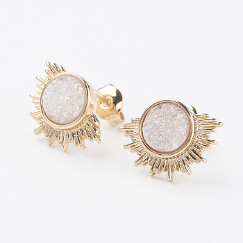 Electroplate Natural Druzy Agate Stud Earrings, with Brass Findings, Sun, Golden, White, 10x14x3~4mm, Pin: 0.8mm