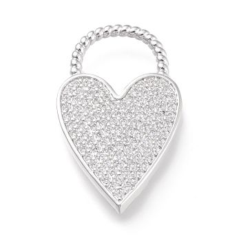Brass Micro Pave Clear Cubic Zirconia Pendants, Long-Lasting Plated, Heart, Platinum, 33x19.8x3mm, Hole: 11.5x11mm