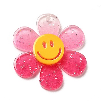 Gradient Color Transparent Acrylic Pendants, with Sequins, Sunflower with Smiling Face Charm, Deep Pink, 30x27x4mm, Hole: 1.6mm