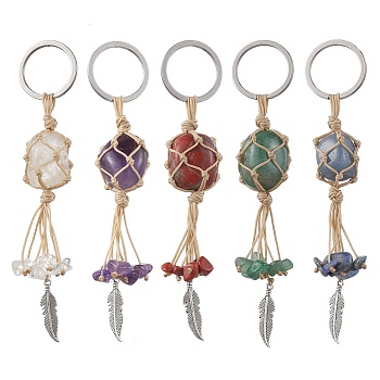 Nylon Wired Gemstone Keychains, with 304 Stainless Steel Split Key Rings and Alloy Feather Pendant, 11.5~12x2~2.3cm