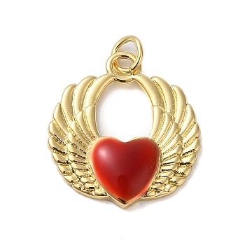 Rack Plating Brass Enamel Pendants, with Jump Ring, Cadmium Free & Lead Free, Heart with Wing Charm, Real 18K Gold Plated, 20.5x19x3.5mm, Hole: 4mm