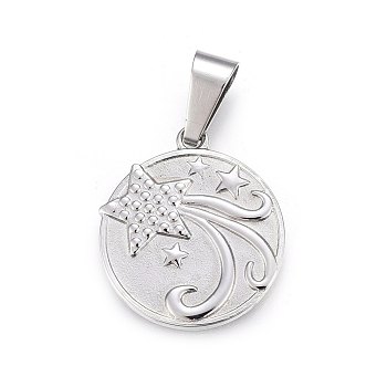 304 Stainless Steel Pendants, Flat Round with Star, Stainless Steel Color, 28.5x25x2.5mm, Hole: 10x5mm