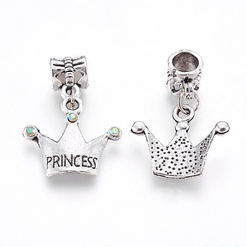 Alloy European Dangle Charms, with Rhinestone, Large Hole Pendants, Crown with Word Princess, Antique Silver, Crystal AB, 28mm, Hole: 5mm