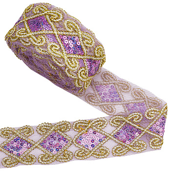 10 Yards Polyester Lace Ribbon with Paillette, for Garment Accessories, Purple, 2-1/2 inch(63mm)