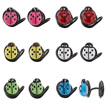 6 Pair 6 Color Plastic Ladybug Cuff Earrings, 304 Stainless Steel Jewelry for Women, Mixed Color, 12x10x12.5mm, 1 Pair/color
