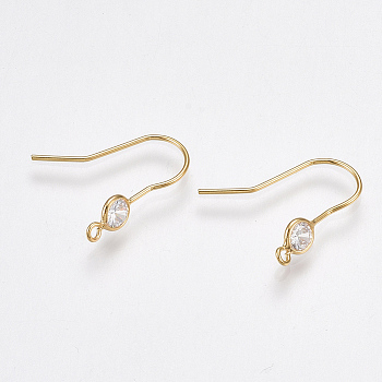Brass Earring Hooks, with Cubic Zirconia and Vertical Loop, Nickel Free, Real 18K Gold Plated, 18x4.5mm, Hole: 1mm, Pin: 0.8mm