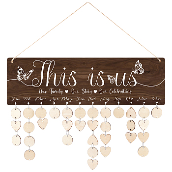 DIY Wooden Calendar Listing Board Kits, Family Birthday Board, Including MDF Boards, Iron Open Rings and Hemp Rope, for Home Wall Hanging Decoration, Word, 40x12x0.5cm