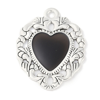 Rack Plating Alloy Enamel Pendants, Cadmium Free & Nickel Free & Lead Free, Heart Charm, Antique Silver, Black, 30x22.5x2mm, Hole: 2mm