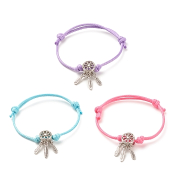 Alloy Web with Feather Beaded Cord Bracelet for Women, Mixed Color, Inner Diameter: 1-3/4~2-7/8 inch(4.3~7.4cm)