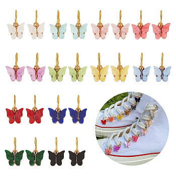 24Pcs 12 Colors Alloy with Acrylic Shoe Charms, with Iron Rings, Butterfly, Mixed Color, 20mm, 2pcs/color