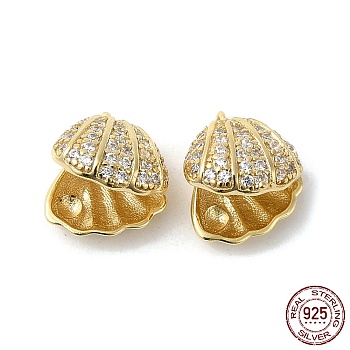 925 Sterling Silver Charms, with Cubic Zirconia, Shell Charm, Real 18K Gold Plated, 10x8.5x7mm, Hole: 1mm