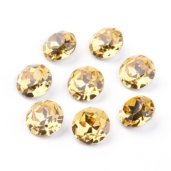 Pointed Back & Back Plated Glass Rhinestone Cabochons, Grade A, Faceted, Flat Round, Light Topaz, 10x5mm