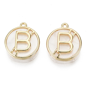 Brass Cat Eye Charms, Nickel Free, Flat Round with Letter B, Creamy White, Real 18K Gold Plated, 13x11x2.5mm, Hole: 0.9mm