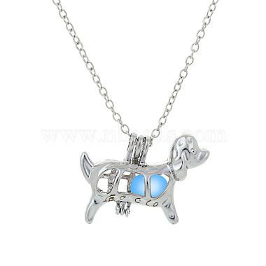 Alloy Dog Cage Pendant Necklace with Synthetic Luminaries Stone(LUMI-PW0001-012P-A)-3