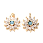 Brass Micro Pave Deep Sky Blue Cubic Zirconia Charms, Flower Charms, Rack Plating, Long-Lasting Plated, Cadmium Free & Lead Free, Real 18K Gold Plated, 12.5x10.5x2.5mm, Hole: 1mm(CU-K002-17G)