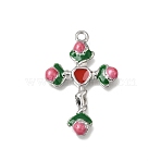 304 Stainless Steel Pendants, with Enamel, Cross with Flower Charms, Stainless Steel Color, Pale Violet Red, 31x20x3.5mm, Hole: 1.8mm(STAS-N108-78P-01)