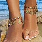 Bohemian Ethnic Style Flower Coin Tassel Alloy Anklets, Antique Golden, 6-3/4 inch(170mm)(FS-WGE8569-01)