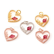 Brass Micro Pave Cubic Zirconia Pendants, with Jump Rings, Heart with Word Love, Clear & Cerise, Mixed Color, 17x16x2.5mm, Jump Ring: 5x0.8mm, Hole: 3.5mm(KK-I672-12)