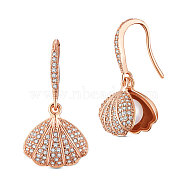SHEGRACE Brass Dangle Earrings, with Cubic Zirconia and Pearl, Shell, Rose Gold, 25.5mm, Shell: 13x9.5mm(JE727A)