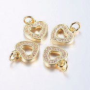 Long-Lasting Plated Brass Micro Pave Cubic Zirconia Charms, Hollow Heart, Real 18K Gold Plated, 12.5x10.5x2mm, Hole: 3mm(X-ZIRC-F069-50G)