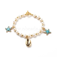 Natural Shell & Alloy Enamel Starfish Charms Bracelet, Natural Pearl Beads Bracelet for Women, Gold, 7 inch(17.9cm)(BJEW-JB08636)