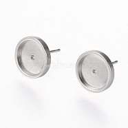 304 Stainless Steel Stud Earring Settings, Flat Round, Stainless Steel Color, 13x12mm, Tray: 10mm, Pin: 0.8mm(STAS-L195-02A)