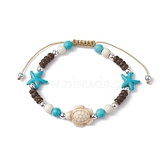 Starfish & Tortoise Synthetic Turquoise Braided Bead Bracelet, Nylon Cord Adjustable Bracelets, Floral White, Inner Diameter: 2-1/8~3-1/8 inch(5.45~7.8cm)(BJEW-JB09967-01)