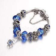 Alloy Rhinestone Bead European Bracelets, with Glass Beads and Brass Chain, Blue, 190mm(BJEW-L602-02A)